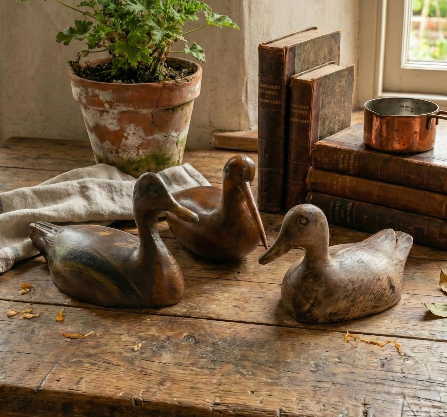 Trio de deux canards et un courlis, appelants d'époque en bois sculpté et peint photo furniture