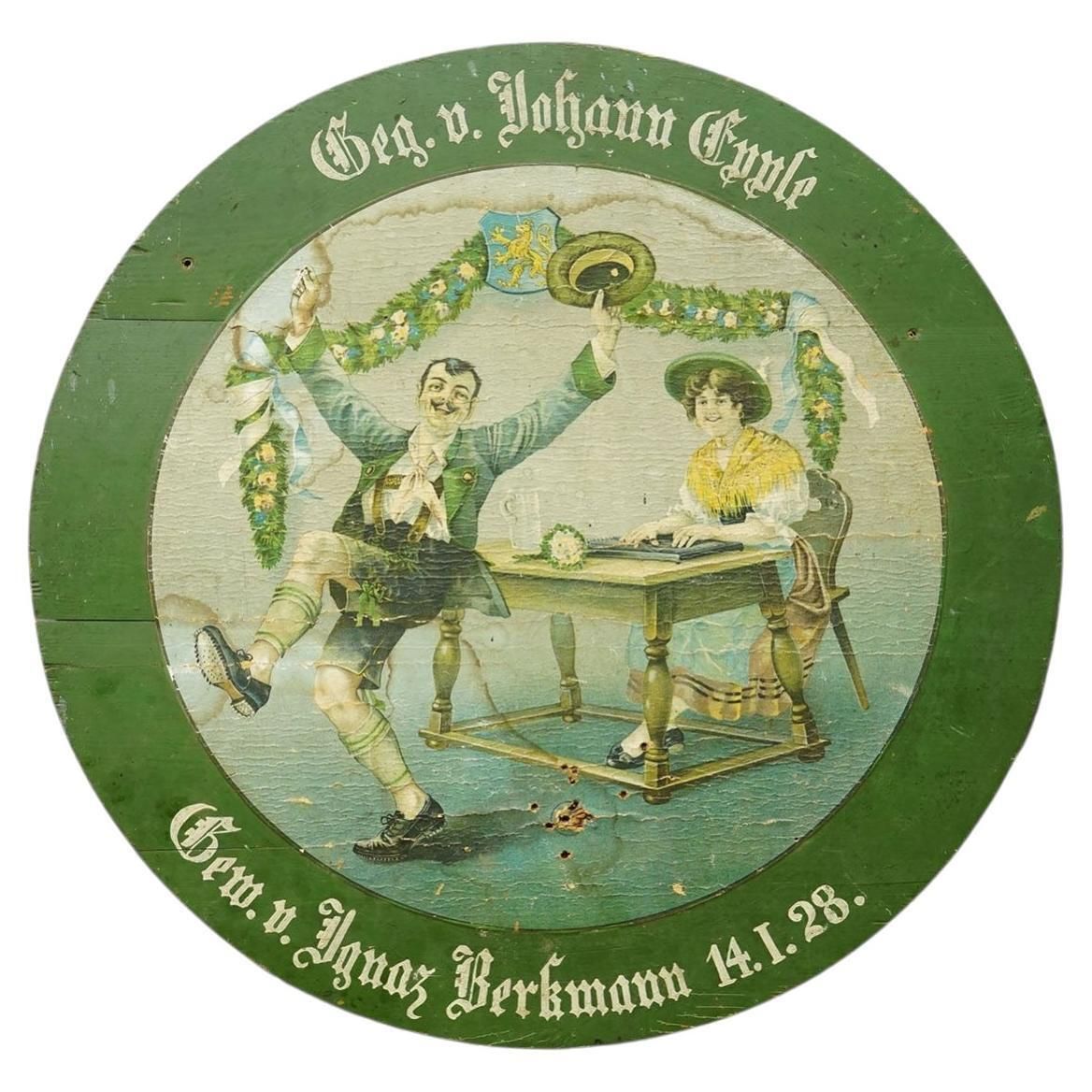 Antiek Duits schietschijf met feestelijk koppelscène, Duitsland 1928
