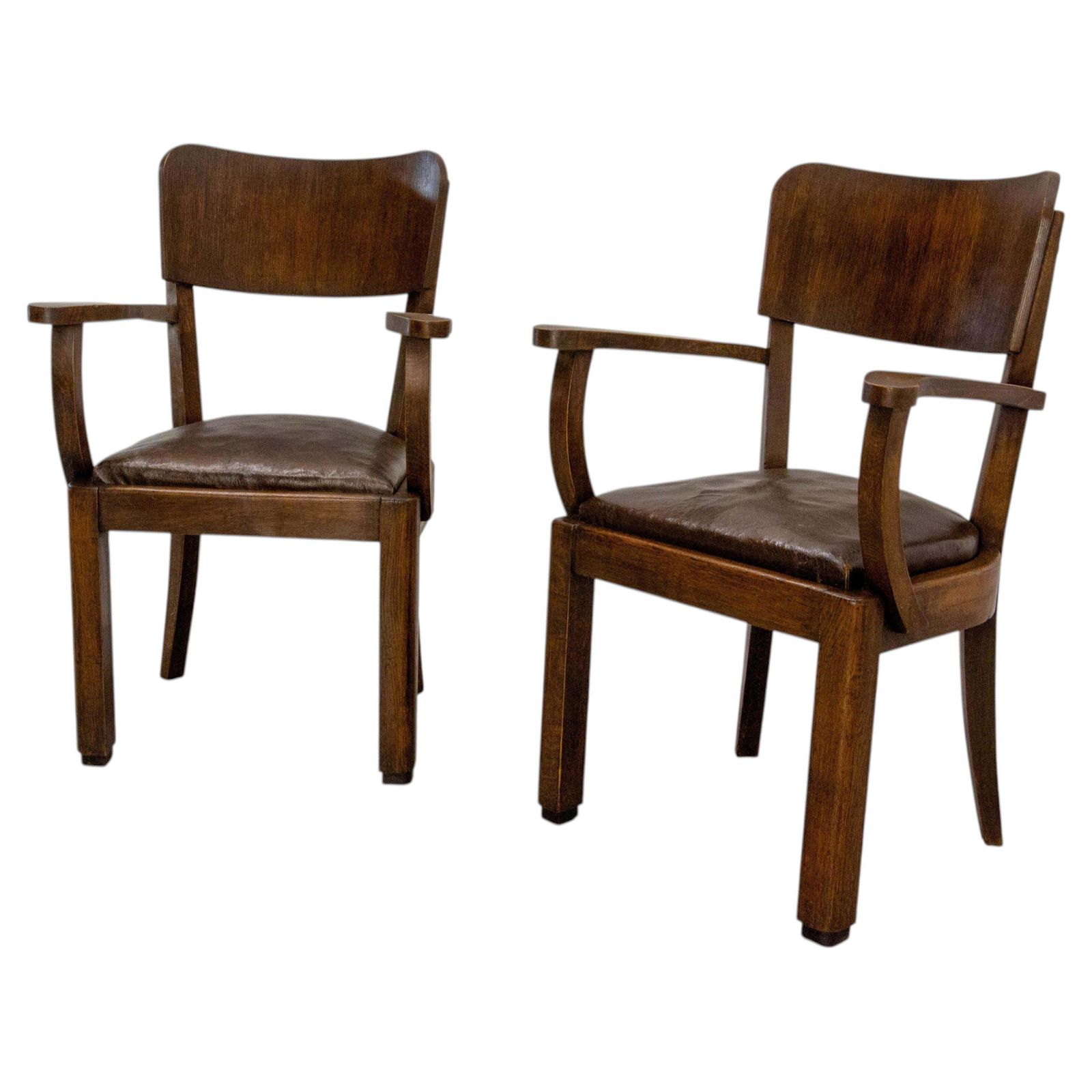Antique Pair Beech Armchair Leather & Wood French, Circa 1940