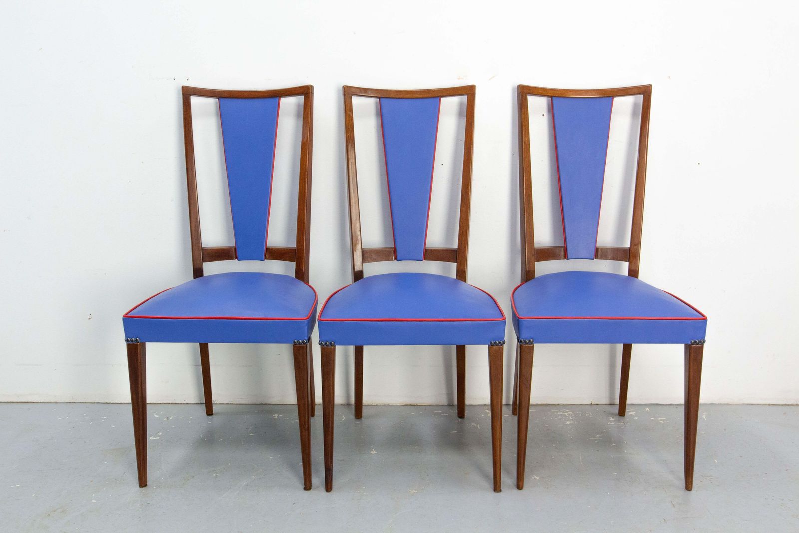 Six Blue Red Border Dining Chairs Teck And Skai Midcentury French, Circa 1960 photo Furniture