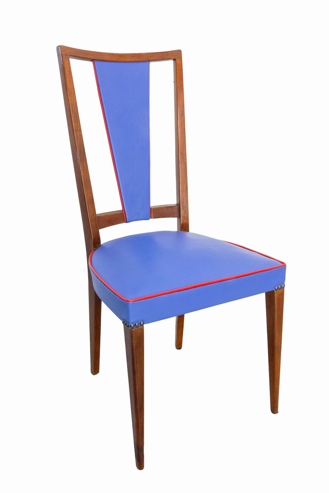 photo for sale Six Blue Red Border Dining Chairs Teck And Skai Midcentury French, Circa 1960