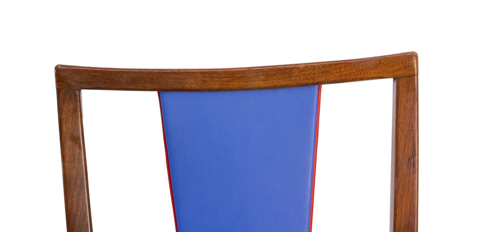 Meubels Zes eetkamerstoelen met blauwe bekleding en rode bies – teakhouten frame en skai – mid-century Frans, ca. 1960 photo