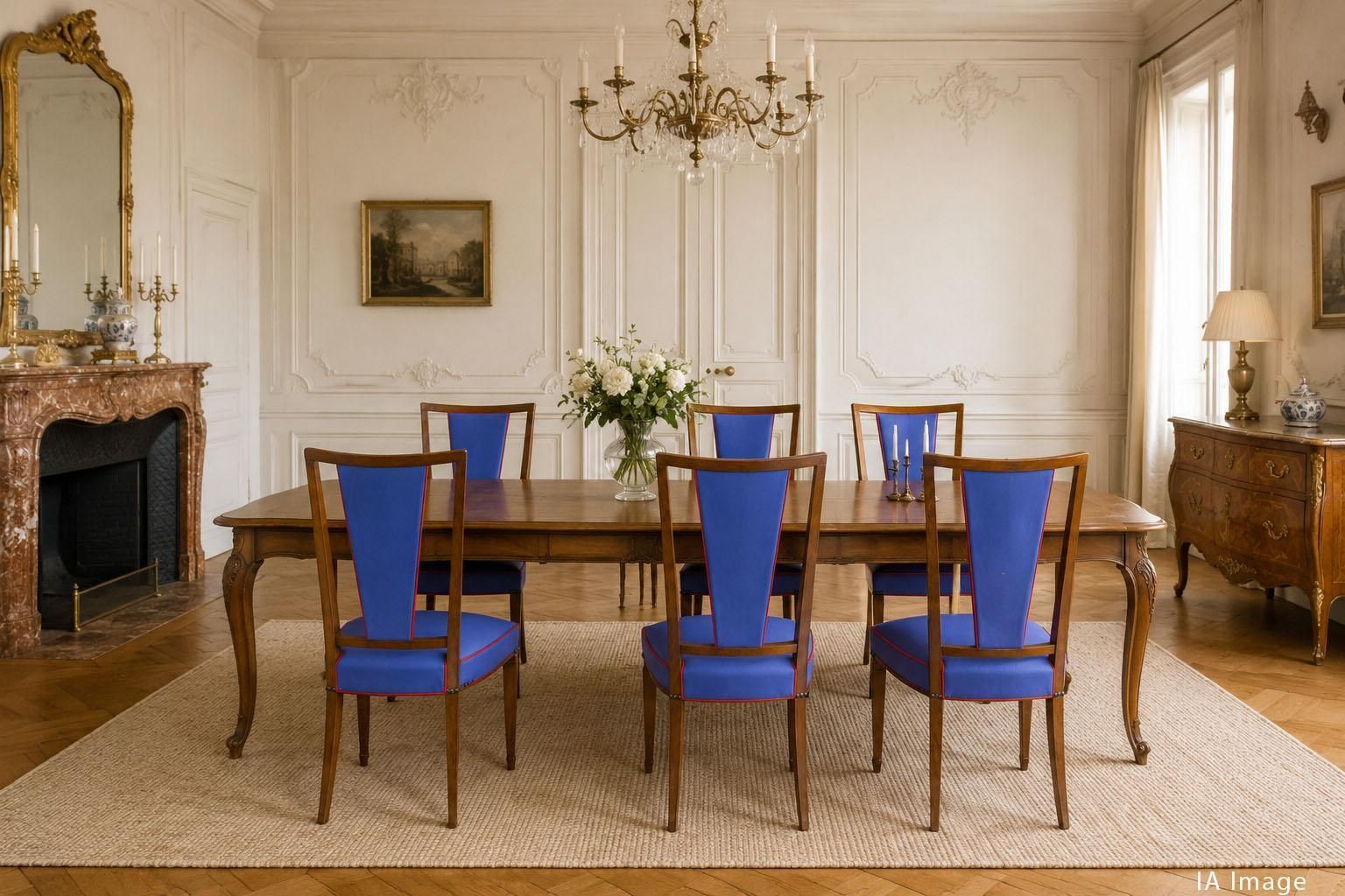 photo vinterior Zes eetkamerstoelen met blauwe bekleding en rode bies – teakhouten frame en skai – mid-century Frans, ca. 1960