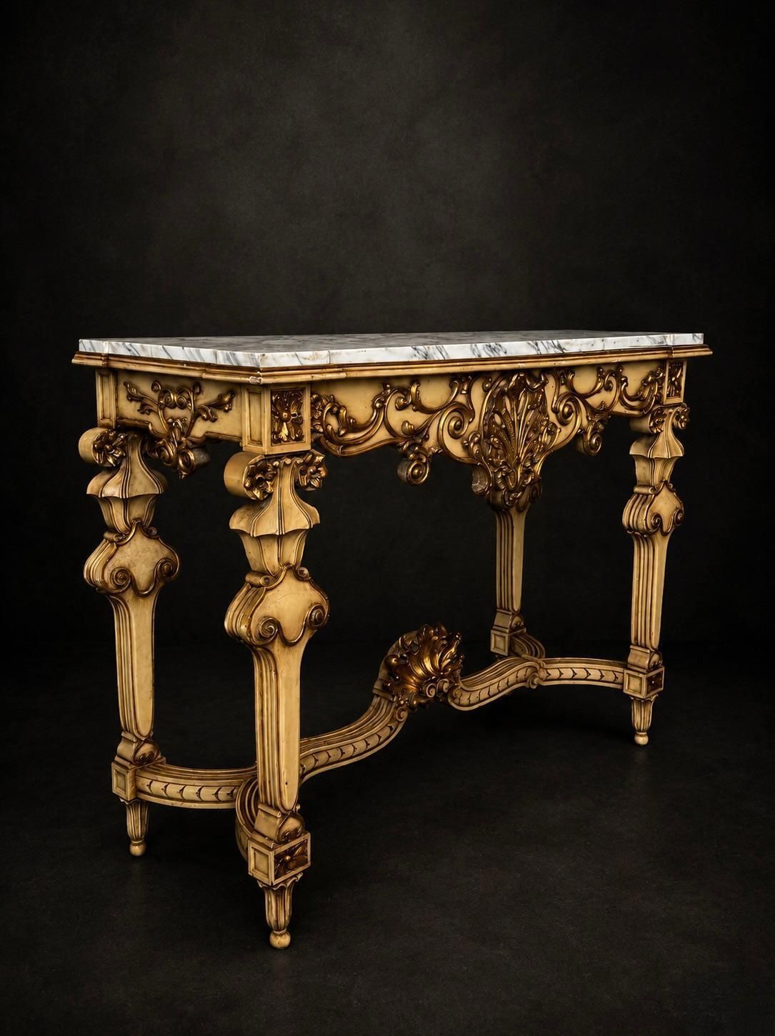Console Louis XV Rococo, plateau en marbre, avec accents dorés photo furniture