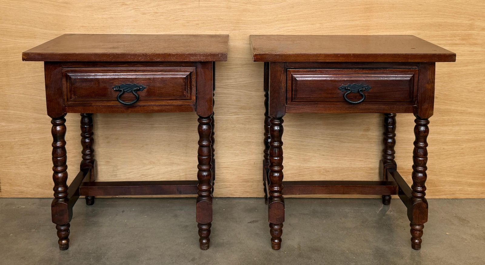 Pair Of Spanish Solid Wood Nightstands With Turned Legs And Single Drawer photo for sale