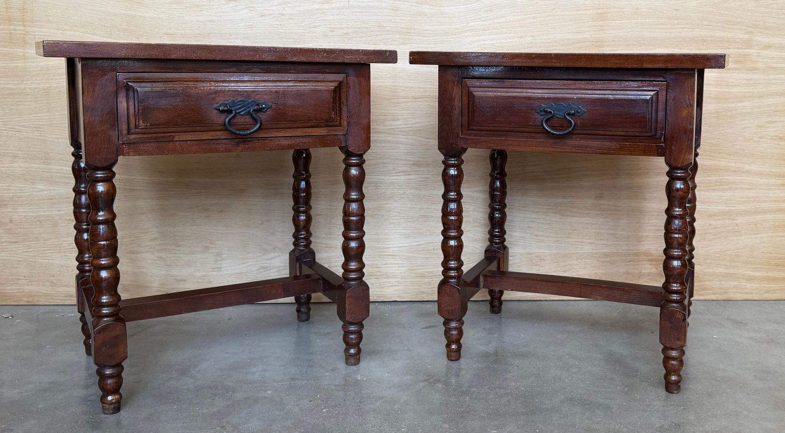 Pair Of Spanish Solid Wood Nightstands With Turned Legs And Single Drawer photo Furniture
