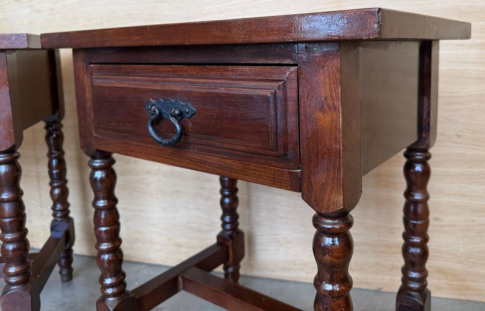Pair Of Spanish Solid Wood Nightstands With Turned Legs And Single Drawer photo vintage