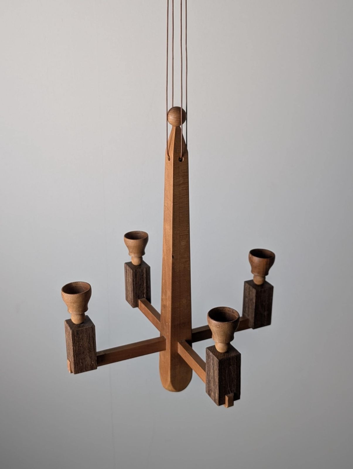 Danish Art Deco Style Wooden Candle Chandelier, 1970s photo vinterior