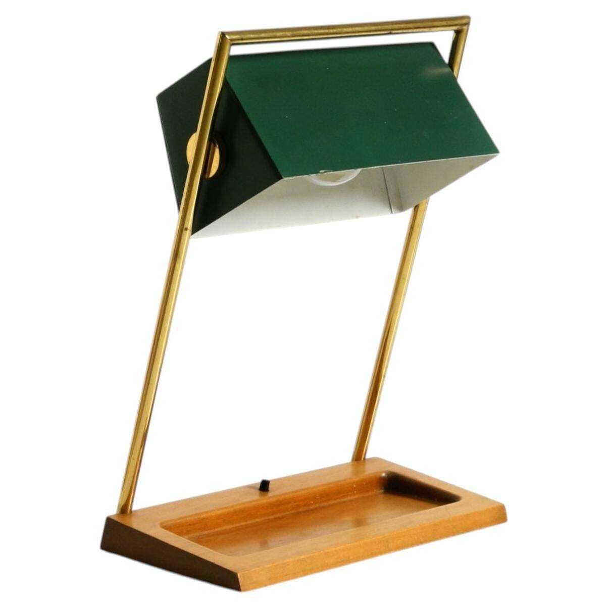 Temde Tafellamp uit de jaren 1960 met Messing Frame, Teakhouten Voet en Groene Lampenkap