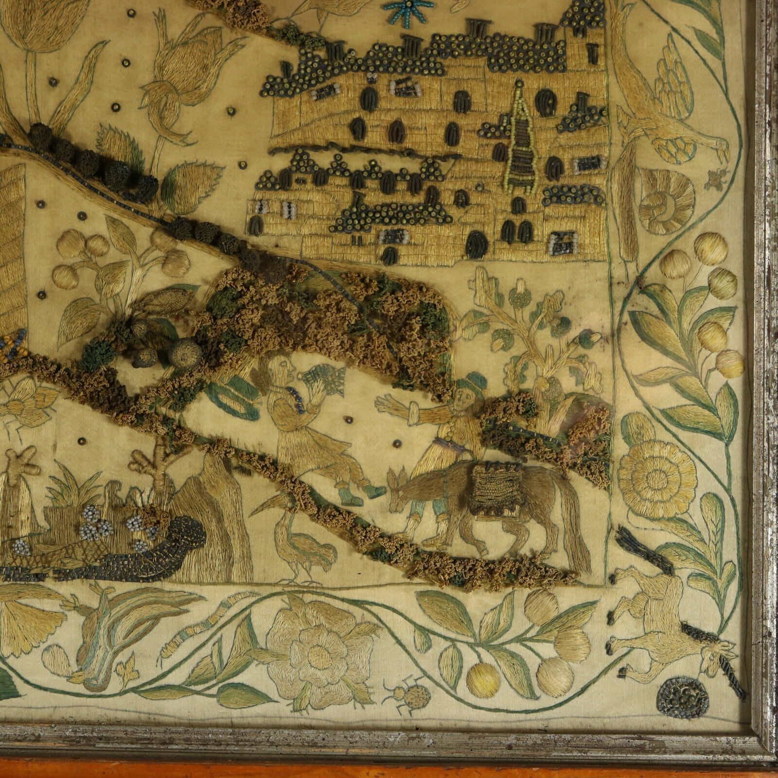17th Century Stumpwork Picture Depicting The Binding Of Isaac photo Textiles
