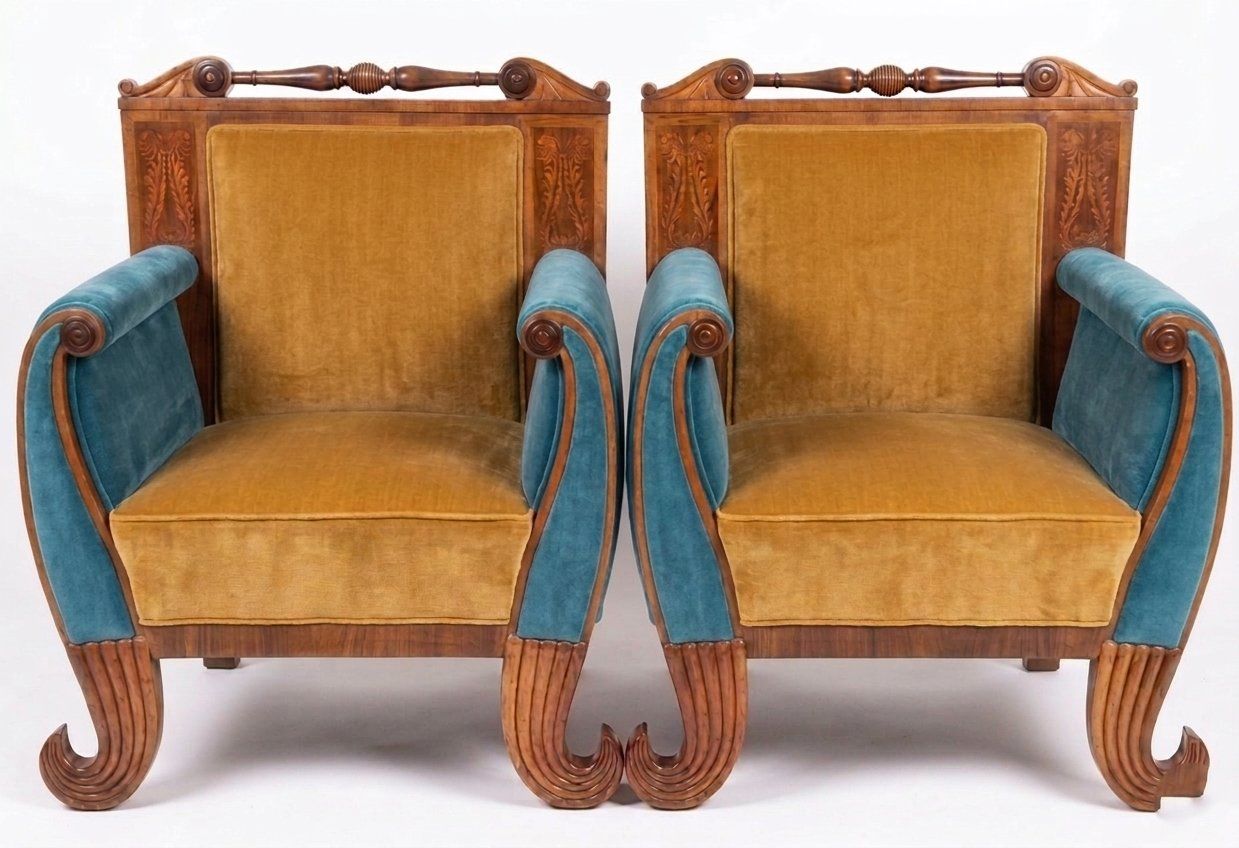 Biedermeier Armchairs With Velvet Upholstery, Set Of 2