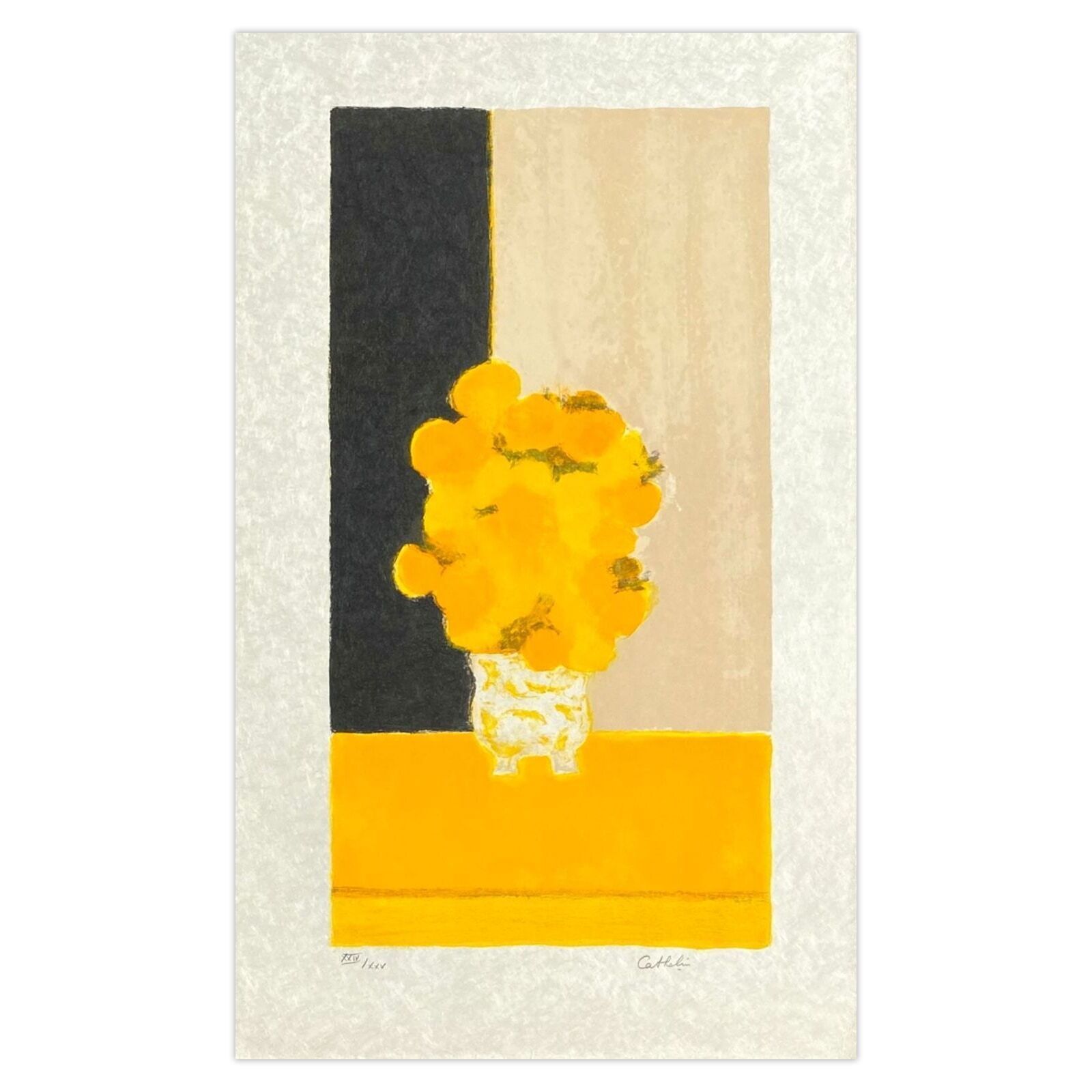 Bernard Cathelin Signed Lithograph Bouquet De Roses D'inde Au Vase De Chine 1995
