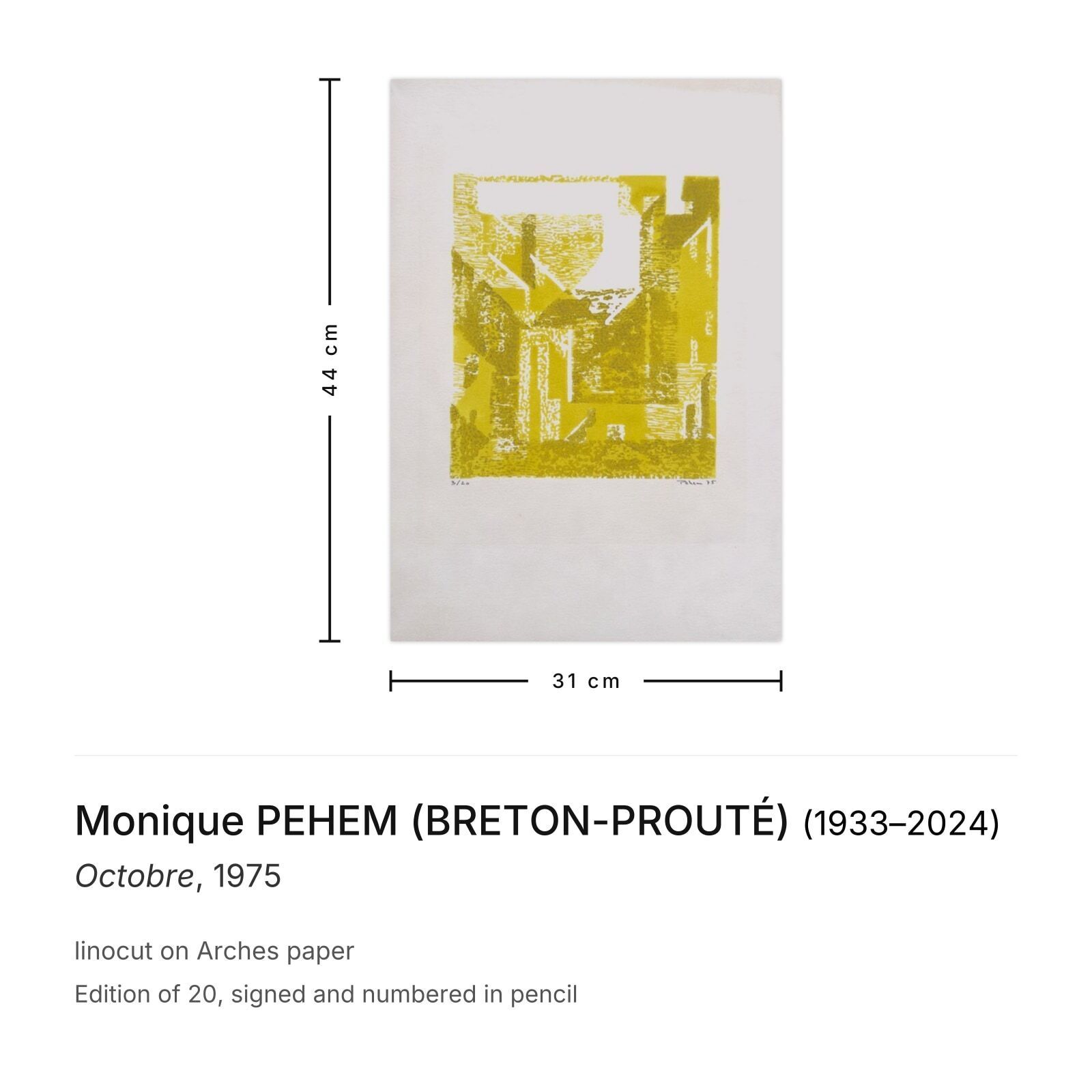 Monique Pehem (Breton Prouté) Gesigneerde Linosnede Octobre 1975 photo furniture