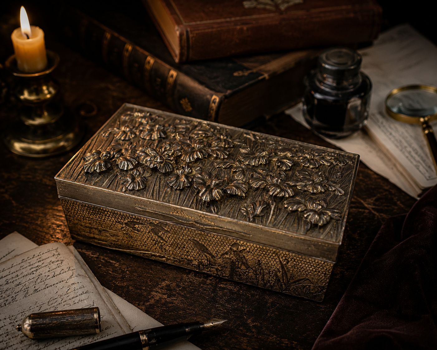 Late Victorian Spelter Box, Gilt Iris Decorative Keepsake Box, Antique Desk Or Memory Box C.1900