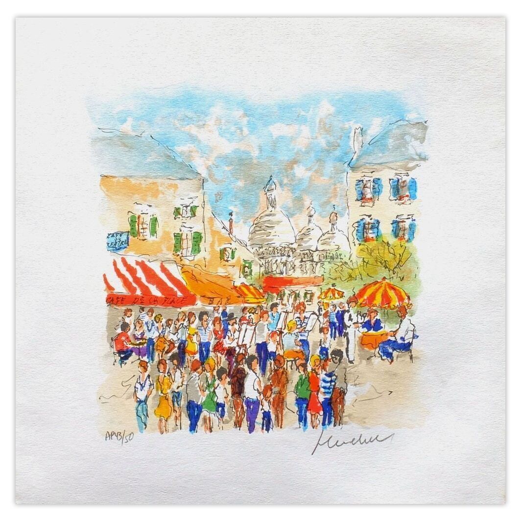 Urbain Huchet Gesigneerde Lithografie Paris, La Place Du Tertre à Montmartre 1985