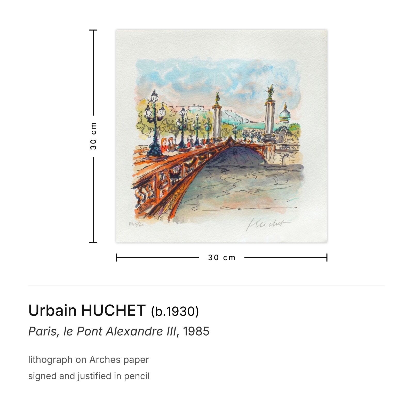 Urbain Huchet Gesigneerde Lithografie Parijs, Le Pont Alexandre III 1985 photo furniture