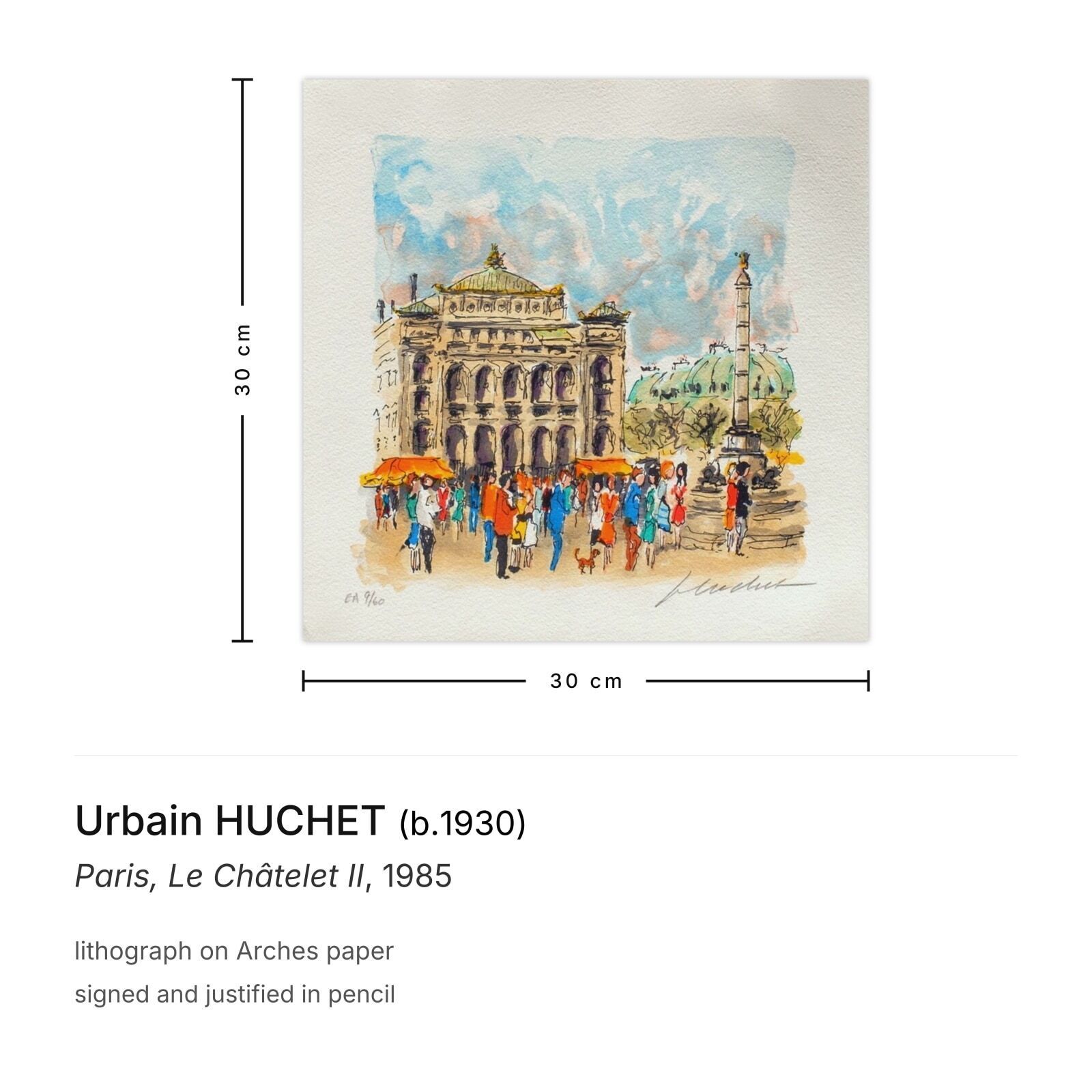 Urbain Huchet Gesigneerde Lithografie Paris, Le Châtelet II 1985 photo furniture