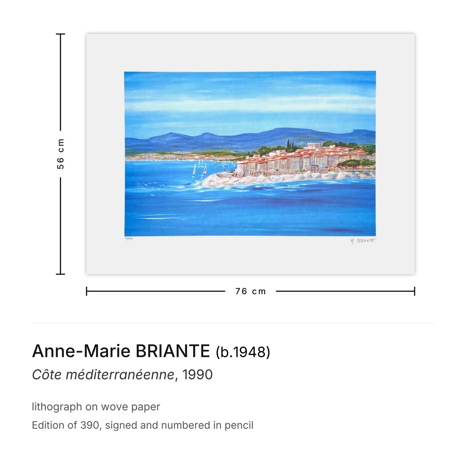 Anne Marie Briante Gesigneerde Lithografie Côte Méditerranéenne 1990 photo furniture