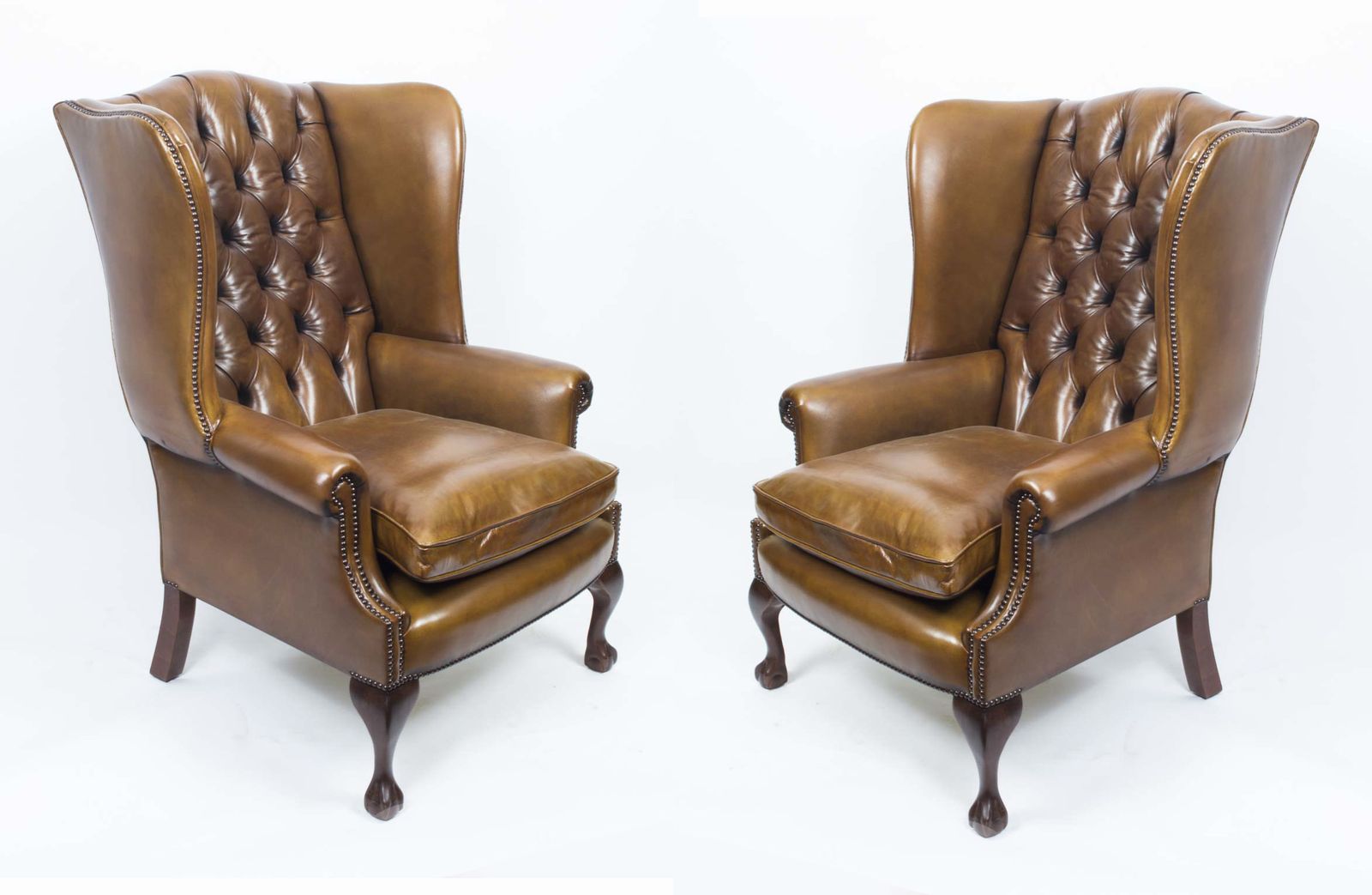 Bespoke Pair Leather Chippendale Wing Back Armchairs Yellow Tan