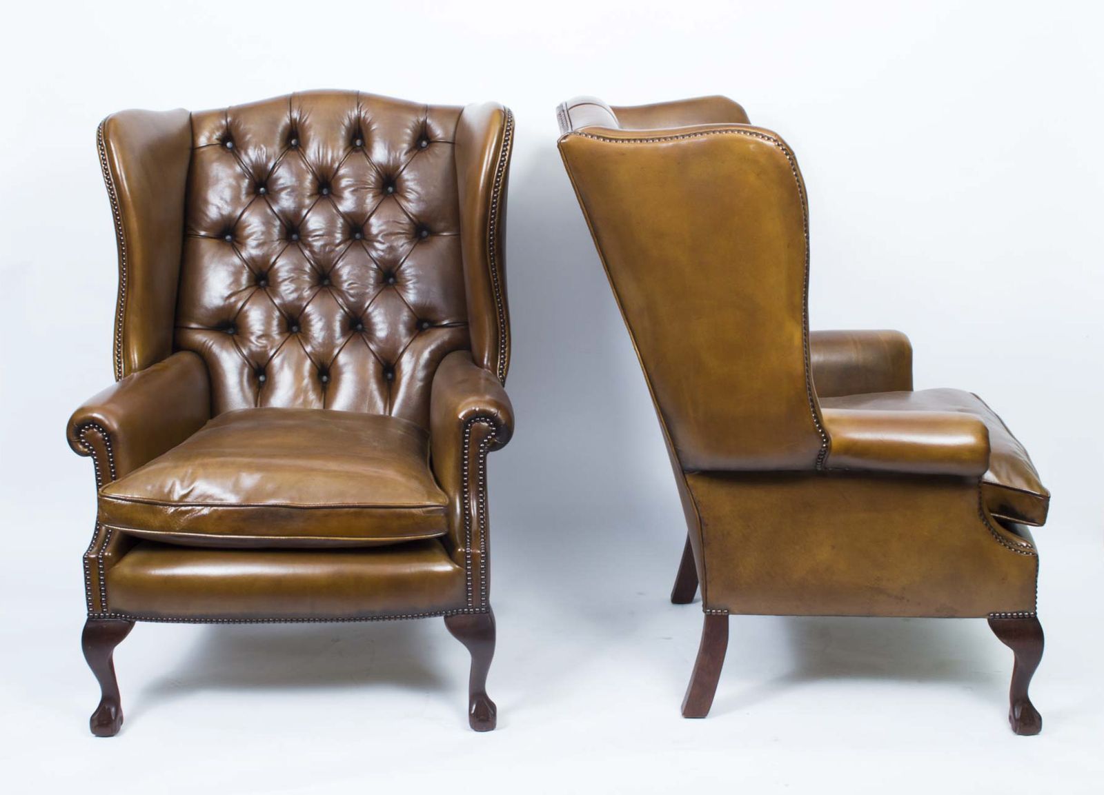 Bespoke Pair Leather Chippendale Wing Back Armchairs Yellow Tan photo for sale