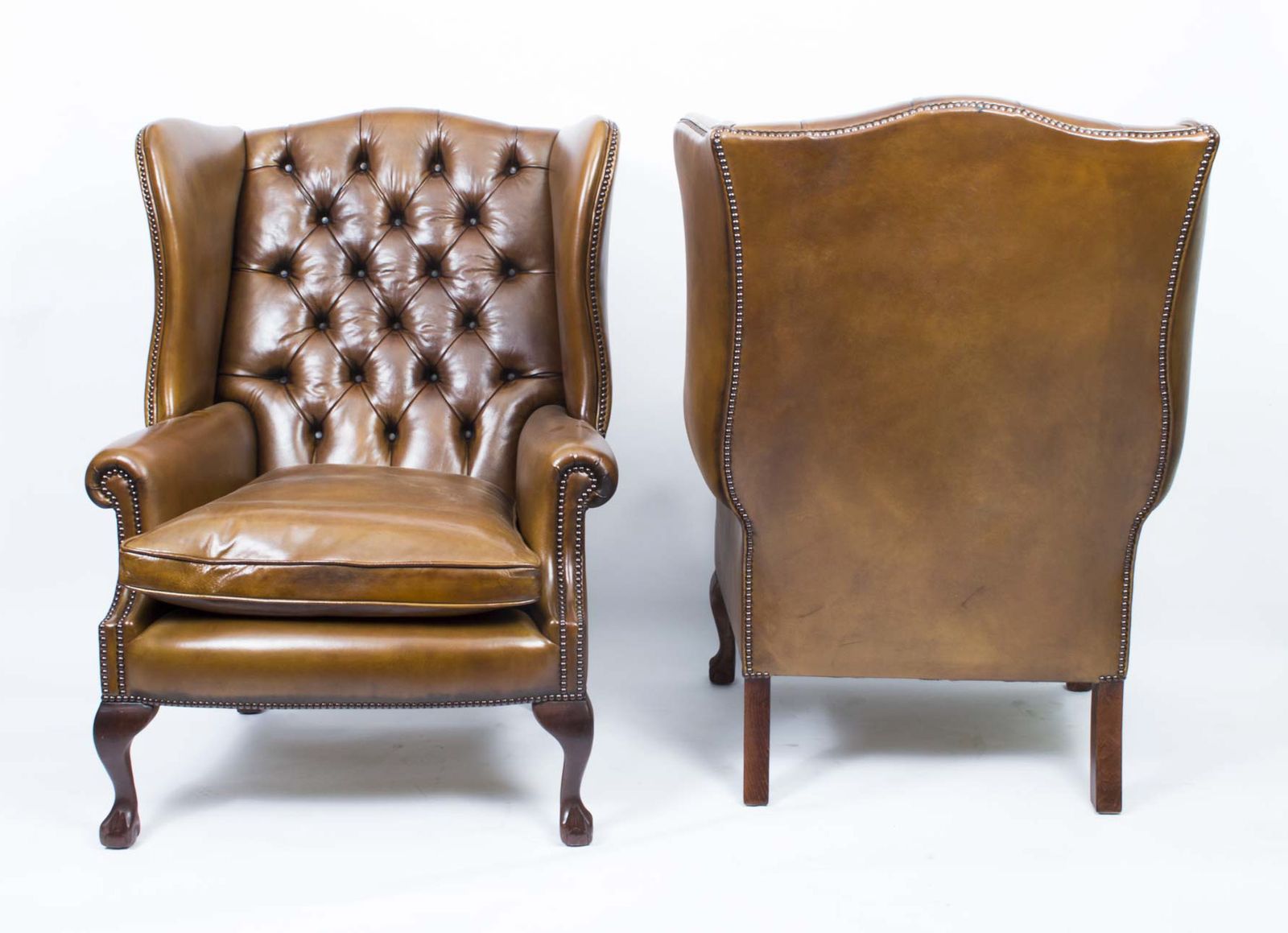 Bespoke Pair Leather Chippendale Wing Back Armchairs Yellow Tan photo Furniture