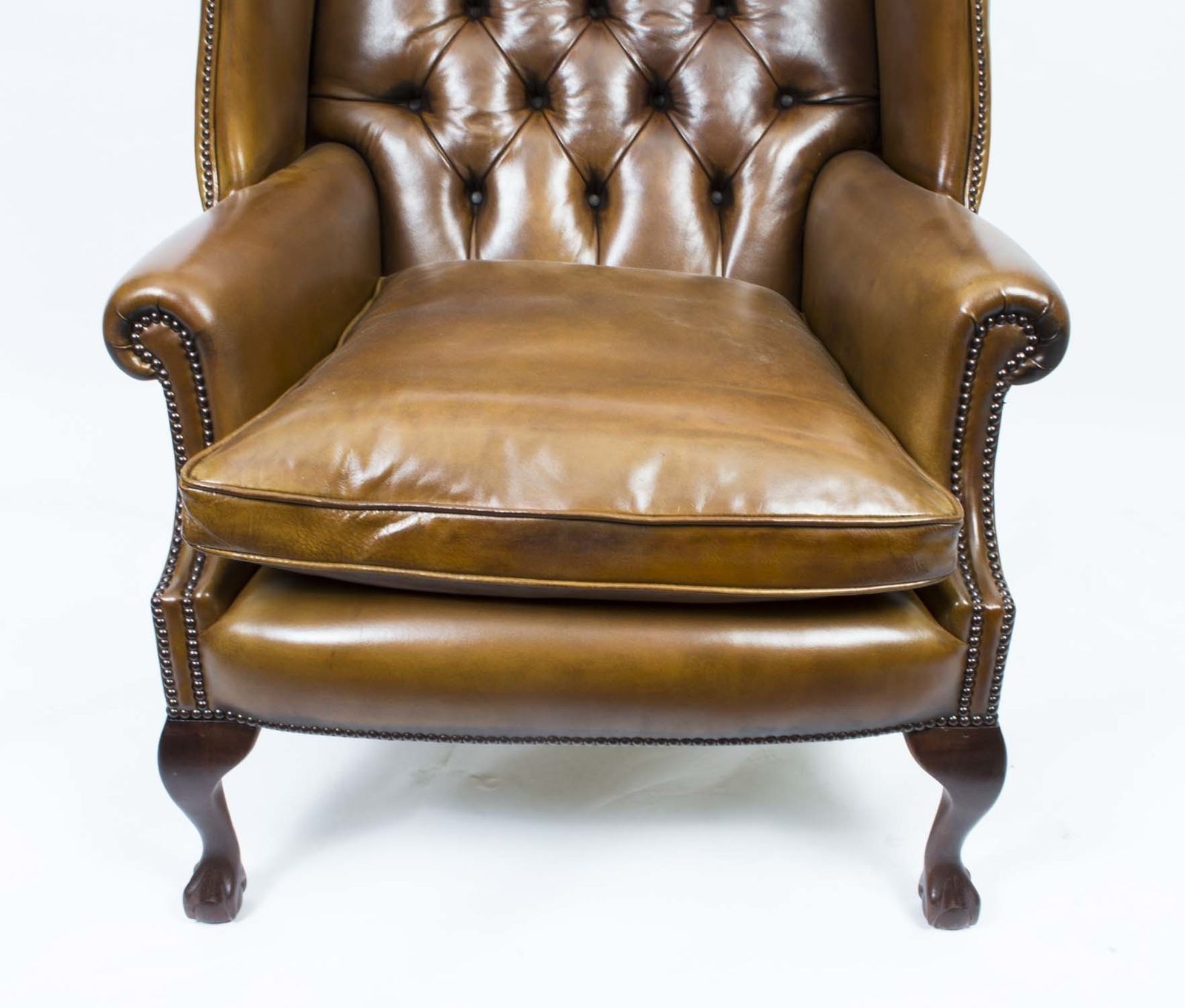 Bespoke Pair Leather Chippendale Wing Back Armchairs Yellow Tan photo vintage