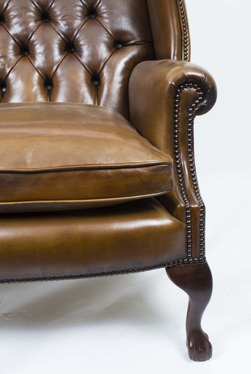 photo for sale Bespoke Pair Leather Chippendale Wing Back Armchairs Yellow Tan