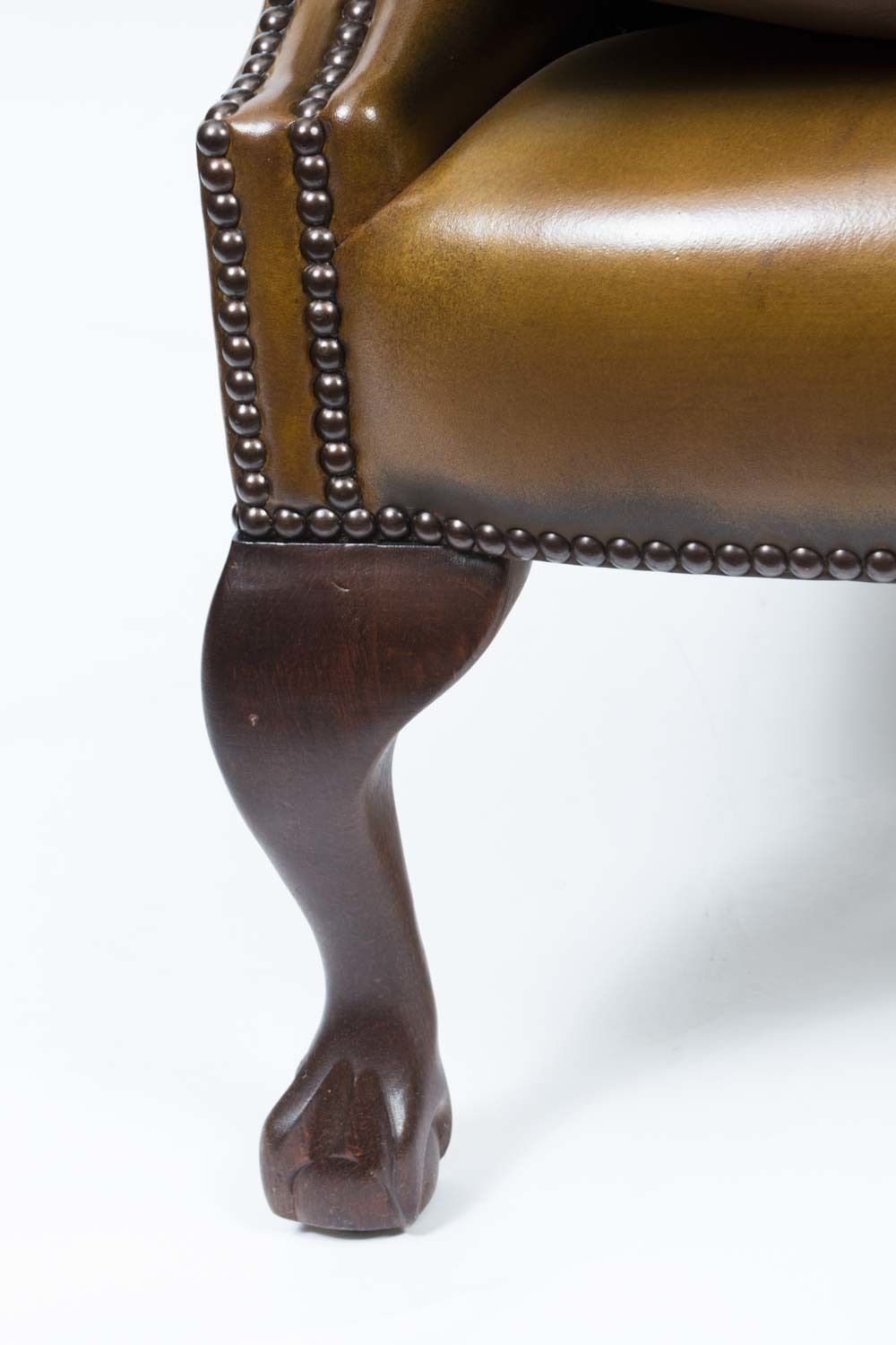 Furniture Bespoke Pair Leather Chippendale Wing Back Armchairs Yellow Tan photo