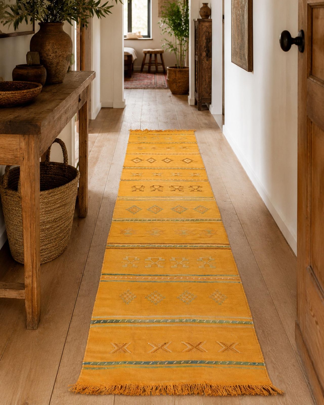 Tapis de couloir marocain berbère tissé à la main, laine tribale jaune moutarde photo furniture