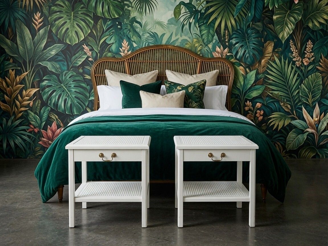 A Pair Of Painted Wood Glass And Rattan / Cane Bedside Tables photo 275.0