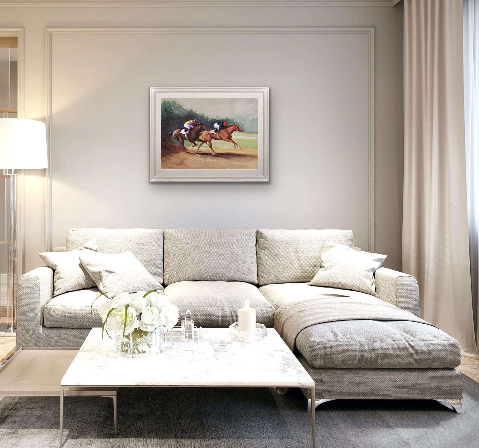 photo furniture John Rattenbury Skeaping 1901 To 1990. English. A Tight Finish, 1970. Framed Mid 20th Century Horse Racing Painting By An Acclaimed Equine Artist.