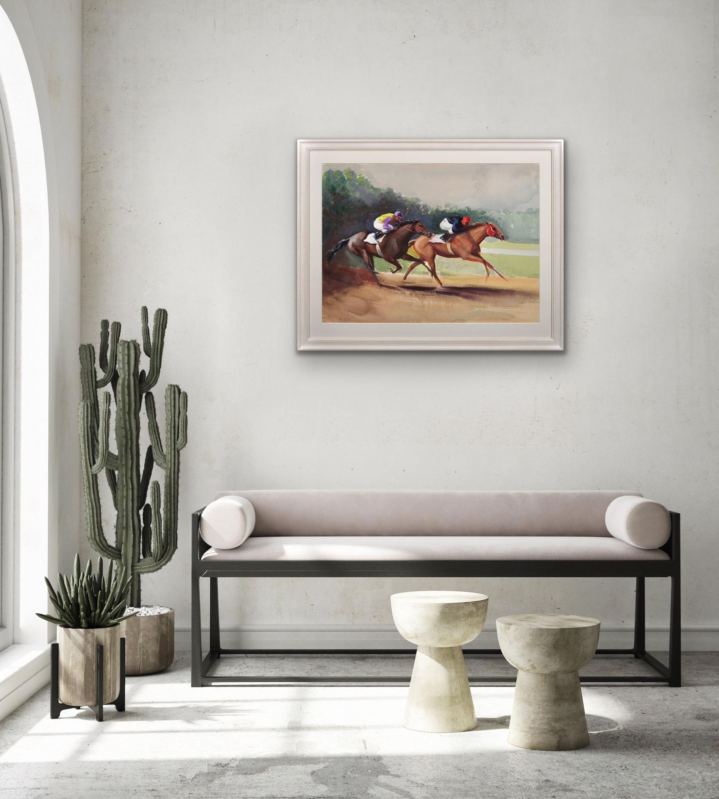 photo vintage John Rattenbury Skeaping 1901 To 1990. English. A Tight Finish, 1970. Framed Mid 20th Century Horse Racing Painting By An Acclaimed Equine Artist.