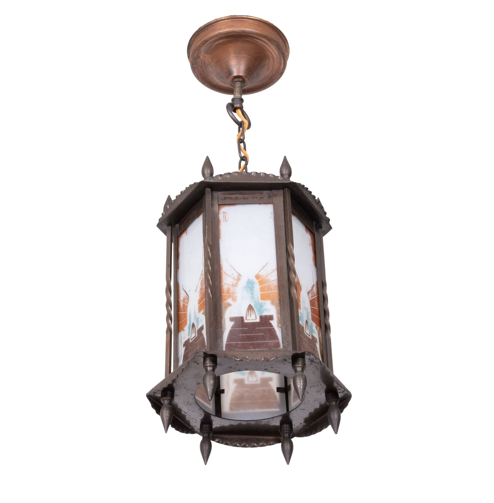Amsterdam School Hexagonale Art Deco Lamp Met Beschilderd Glas, Nederland photo for sale