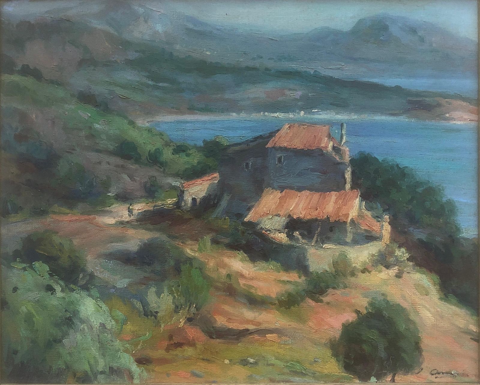 Joaquin Asensio Marine – Catalaans Mediterraan kustlandschap met boerderij – Spaans impressionistisch olieverfschilderij, ca. 1950