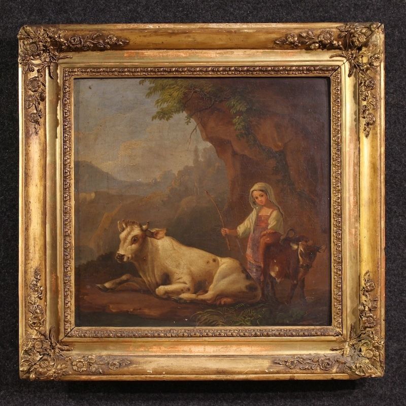 Tableau d'époque XIXe siècle, paysage bucolique