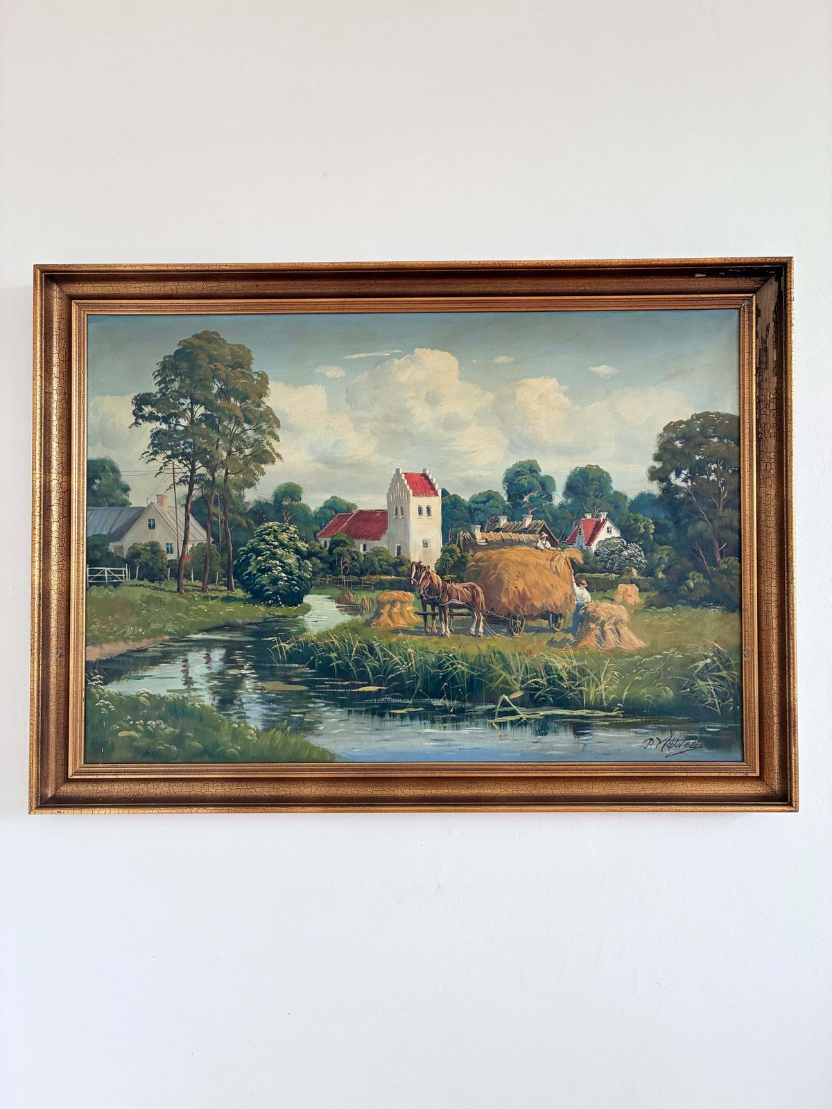 Peinture à l'huile de paysage vintage, grande taille, signée, art de campagne