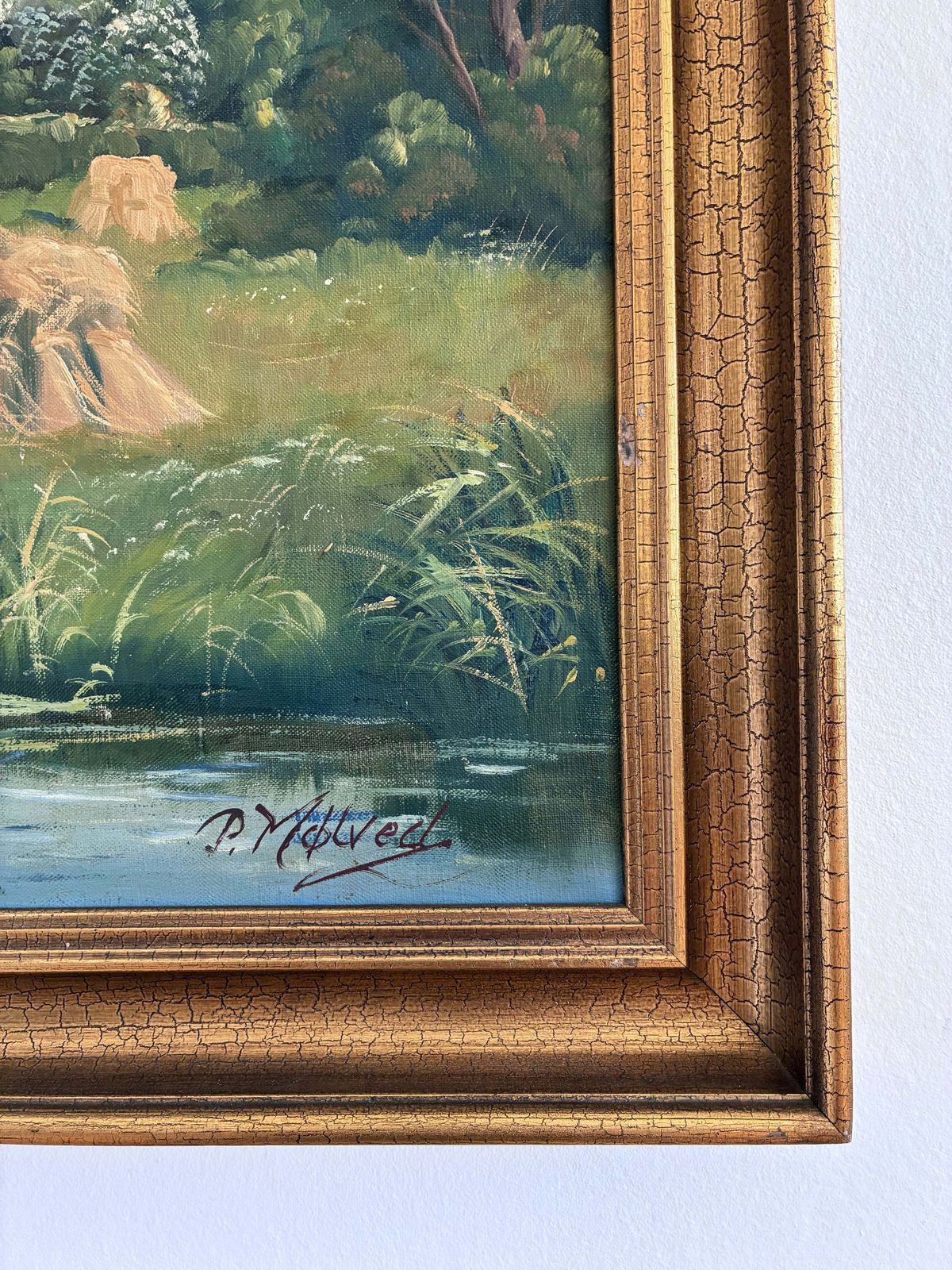photo for sale Vintage Original Large Landscape Oil Painting, Signed Countryside Art