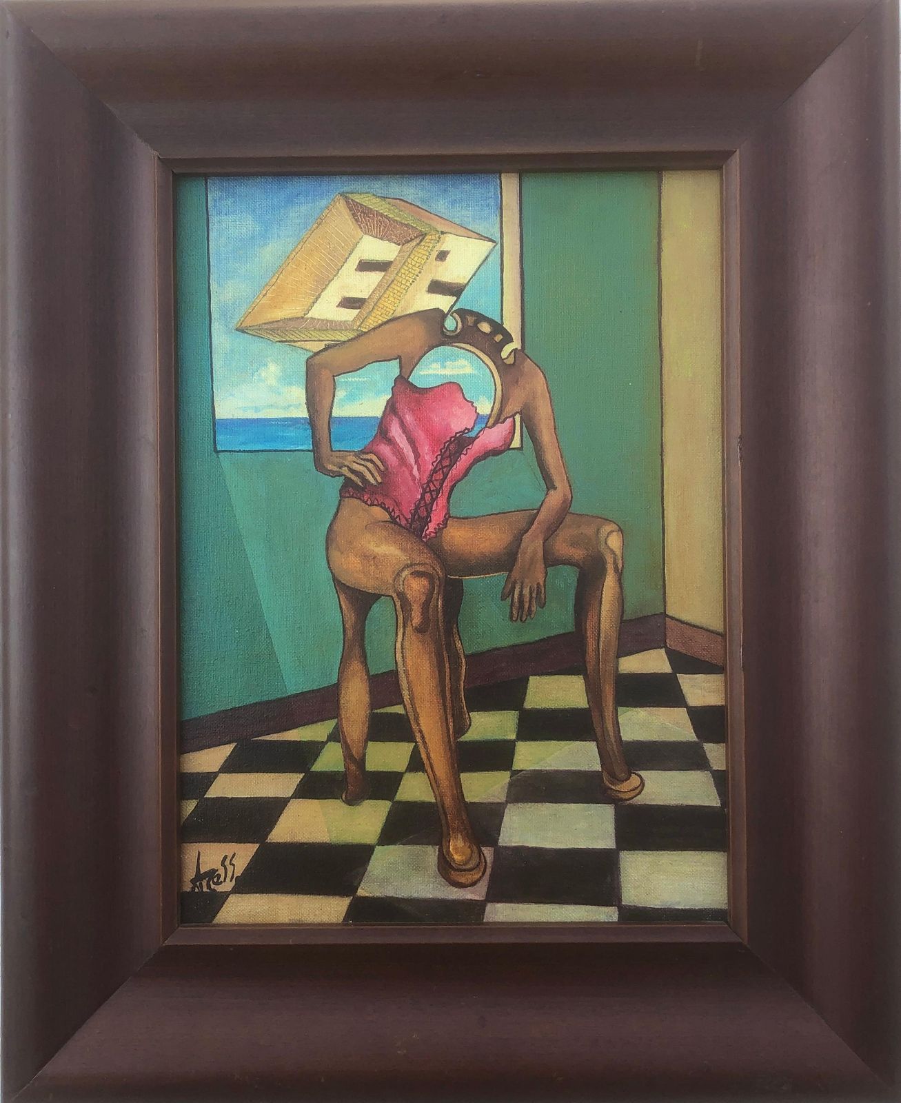 Figure surréaliste à tête architecturale en intérieur, peinture à l'huile onirique, 1994 photo vintage