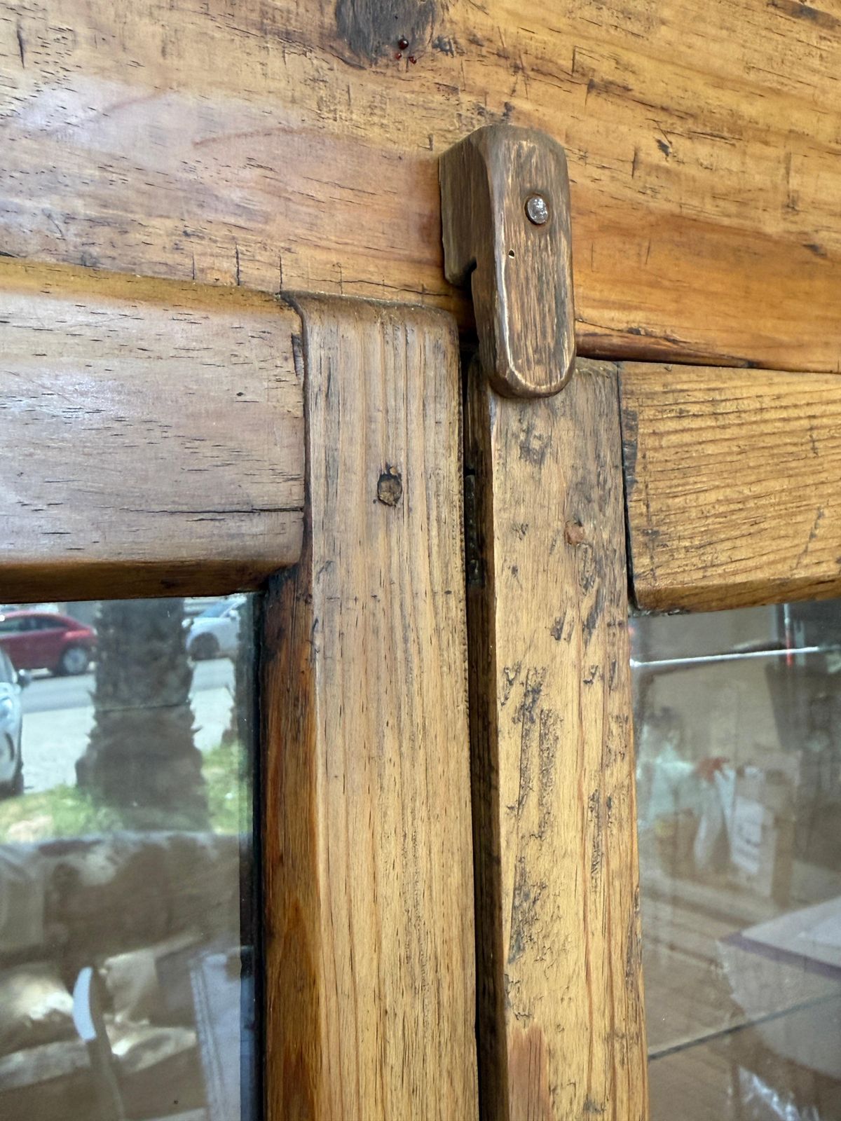 Antique Rustic Display Cabinet Made Of Reclaimed Wood With Sliding Glass Doors photo vintage