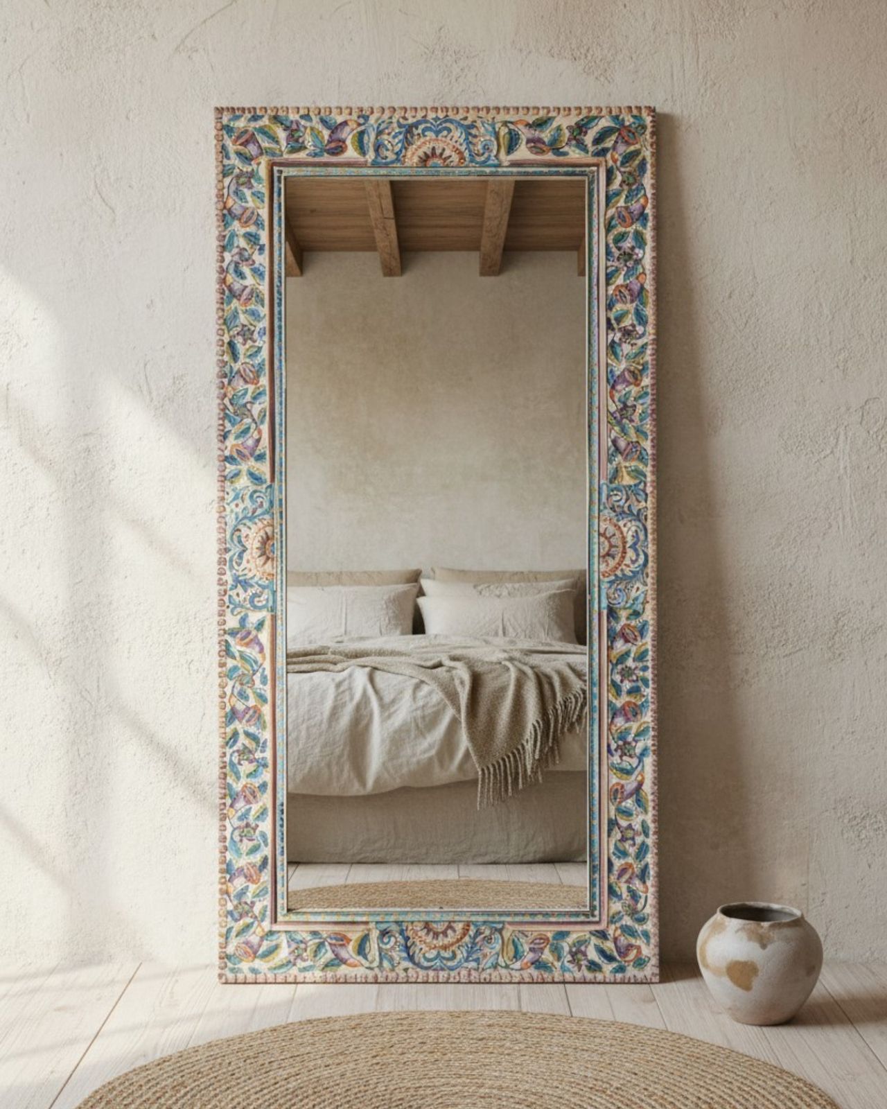 Hand Painted Mango Wood Full Length Mirror – Floral Patterned Frame.