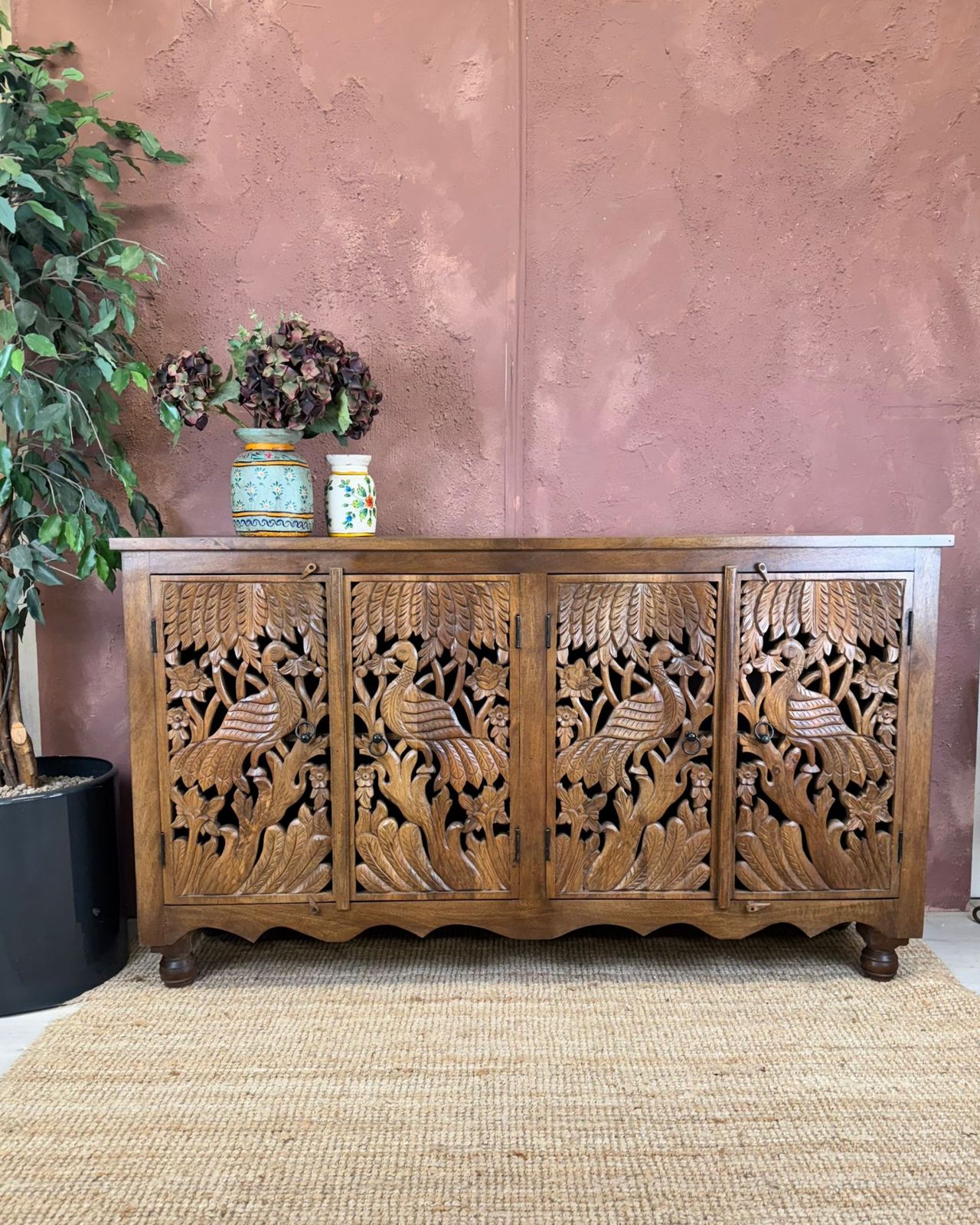 Hand Carved Mango Wood Peacock 4 Door Sideboard