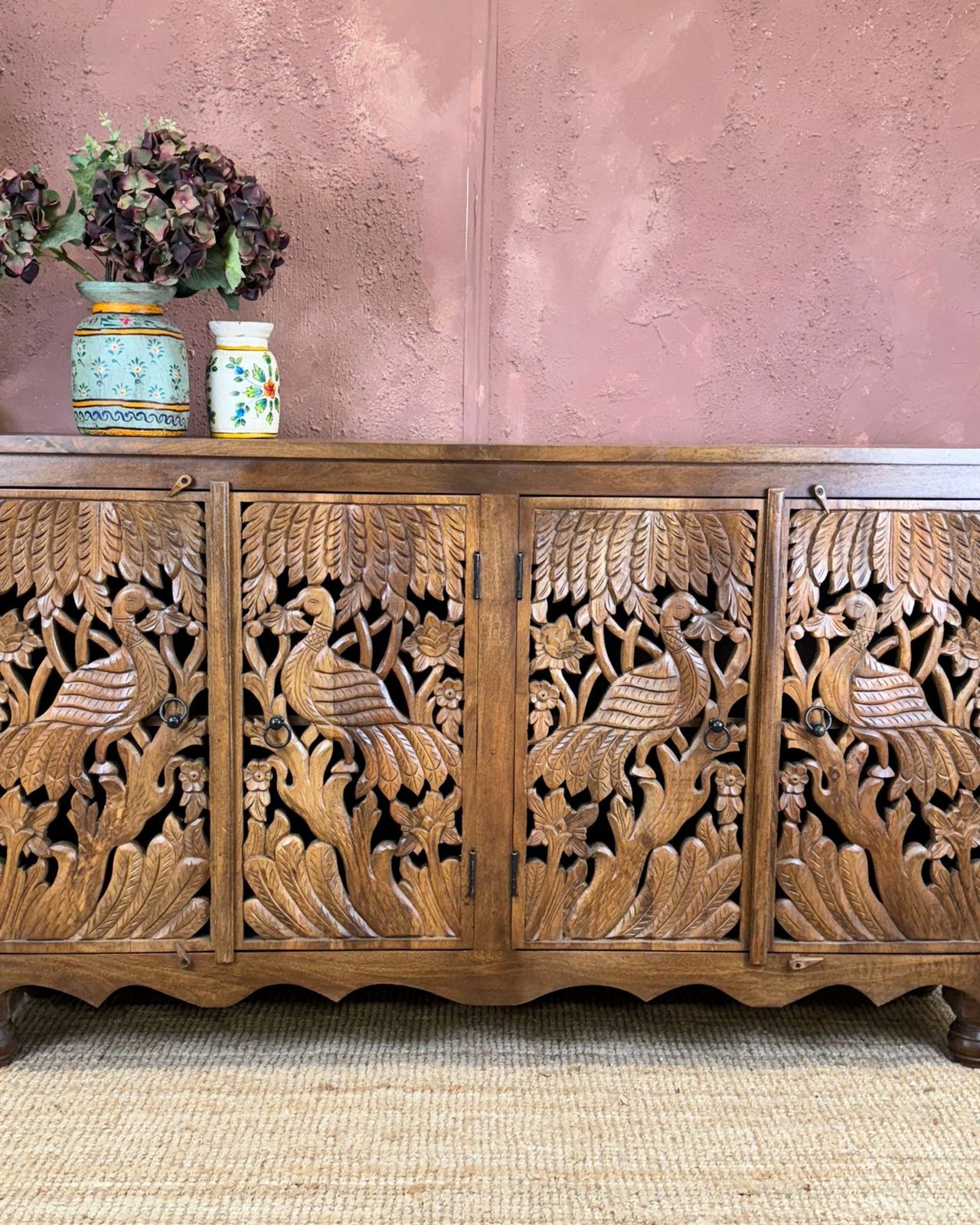 Hand Carved Mango Wood Peacock 4 Door Sideboard photo furniture
