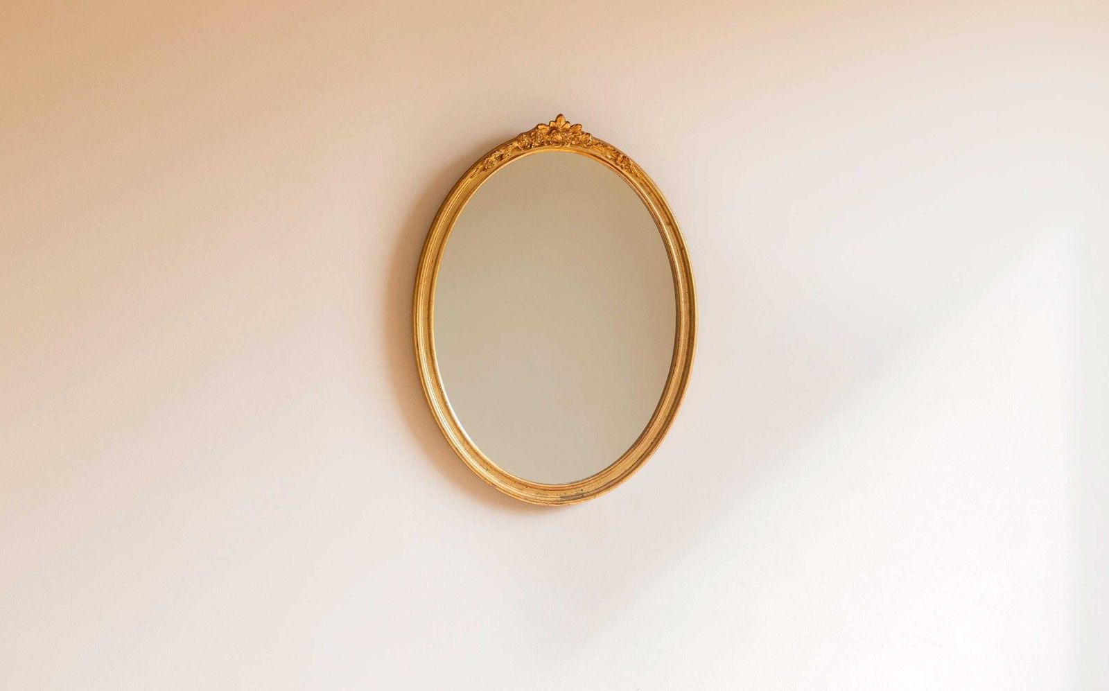 Vintage Deknudt Oval Mirror   Gilt Wood Floral Crest Mirror   Belgian Gold Wall Mirror, 1970s photo vinterior