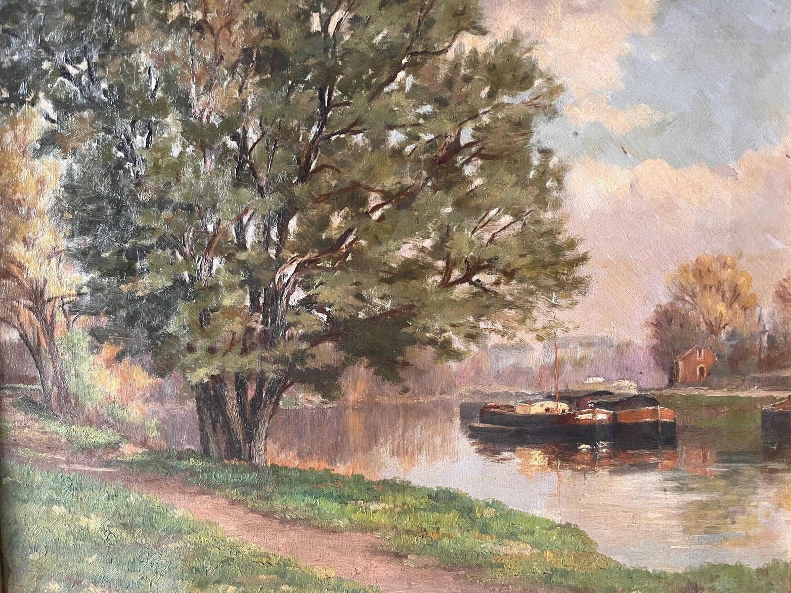 Peinture ancienne à l'huile sur toile « Les Barges sur les quais de la Seine », paysage de campagne française, XIXe siècle photo Art