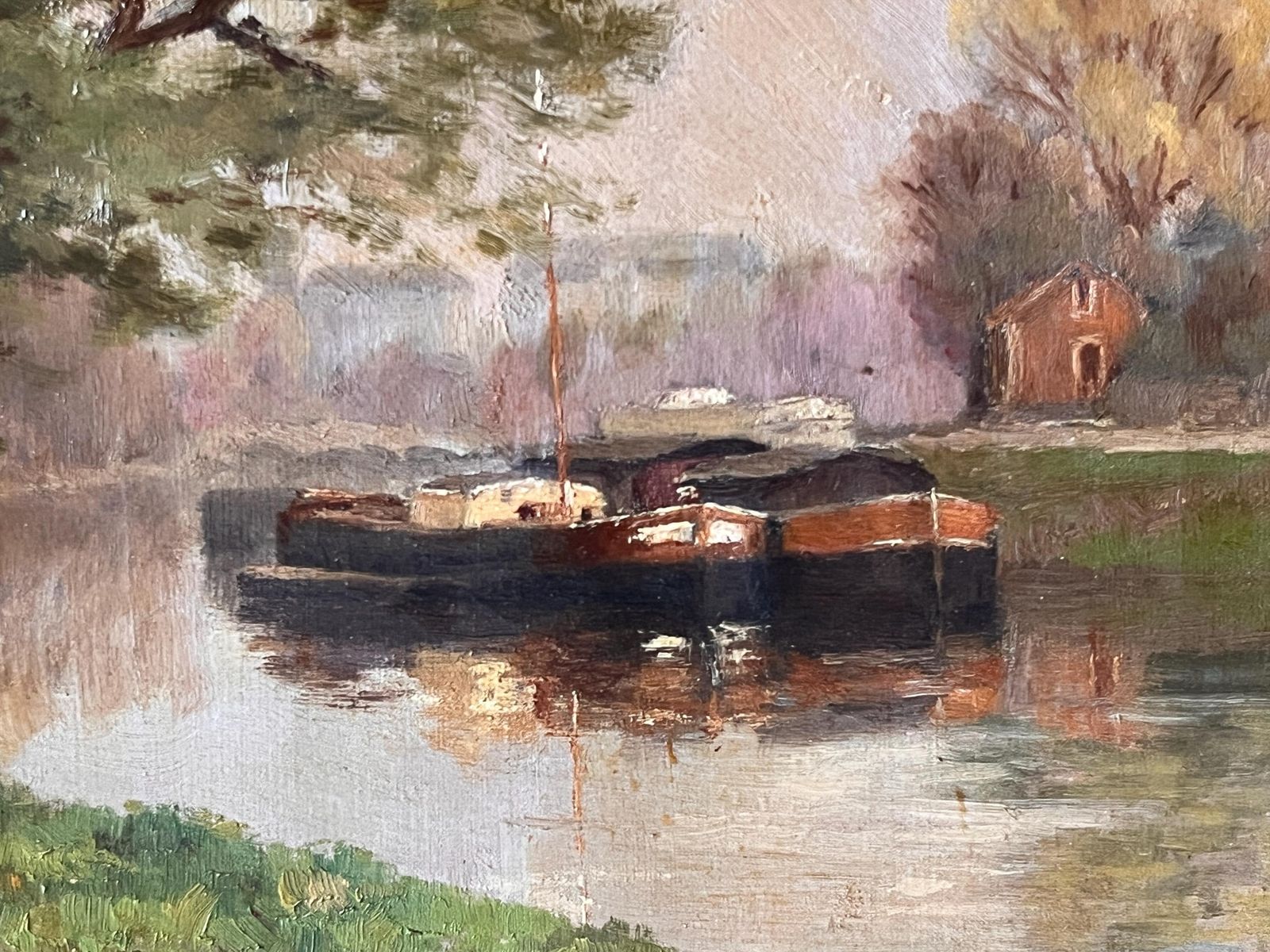 Peinture ancienne à l'huile sur toile « Les Barges sur les quais de la Seine », paysage de campagne française, XIXe siècle photo 420.0