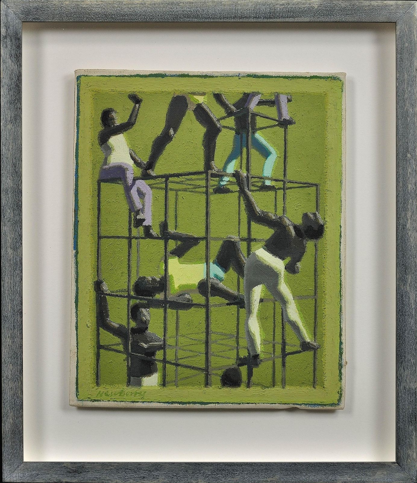 John Coverdale Newberry, né en 1934. Britannique. The Climbers, 1970. Peinture à l'huile figurative postmoderne mid-century, encadrée. Ruskin School, Oxford.