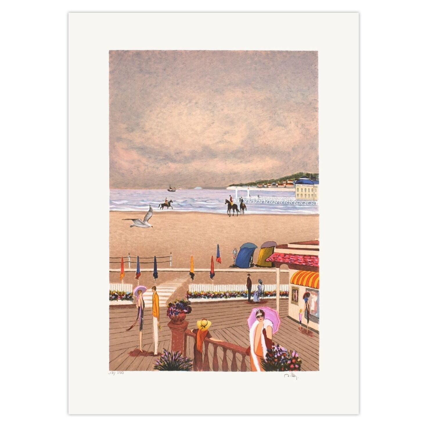 Ramon Dilley Gesigneerde Lithografie Deauville, Bord De Mer