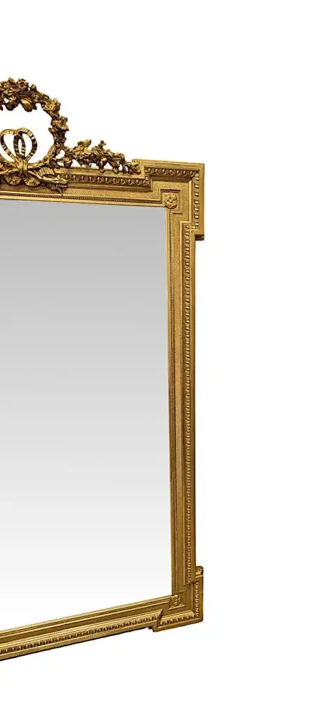 Zeer fraaie grote 19e eeuwse vergulde hal- of schoorsteenspiegel met lintdetail photo Woonaccessoires
