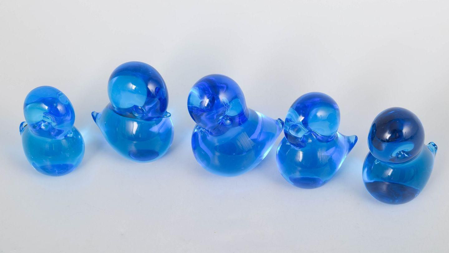 Josef Marcolin For Fm Ronneby. Set Of Five Duck Figurines In Blue Art Glass. photo furniture