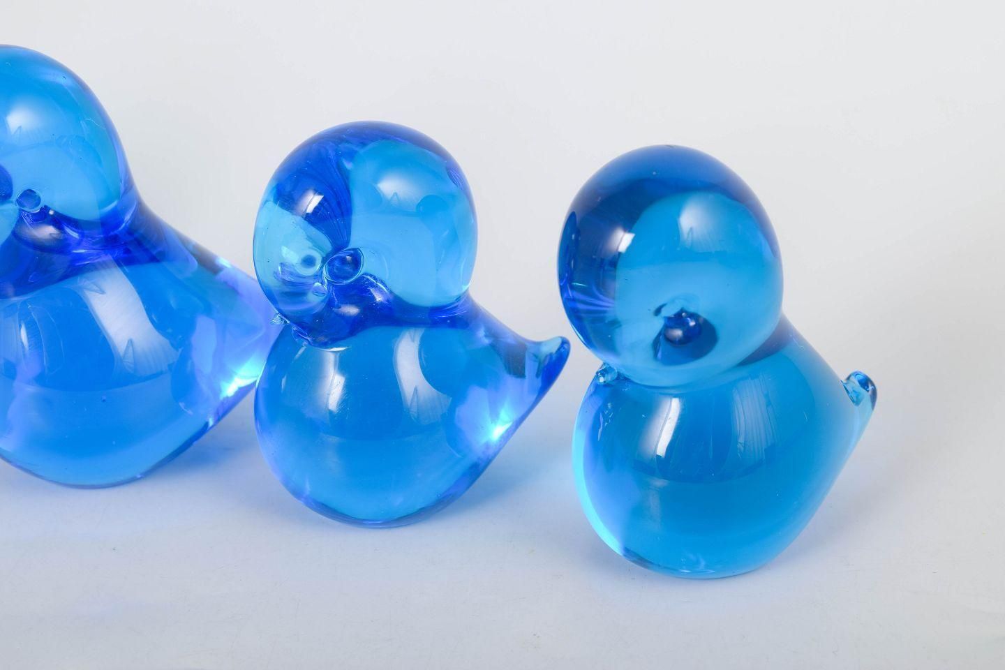 Josef Marcolin For Fm Ronneby. Set Of Five Duck Figurines In Blue Art Glass. photo for sale